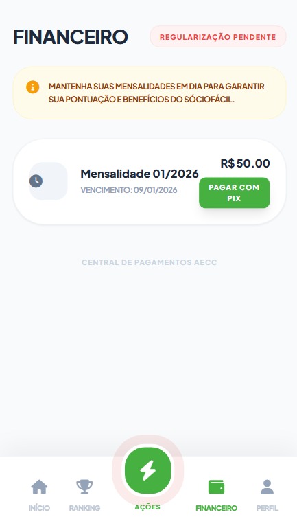 Tela de controle financeiro e mensalidades no app SócioFácil loading=
