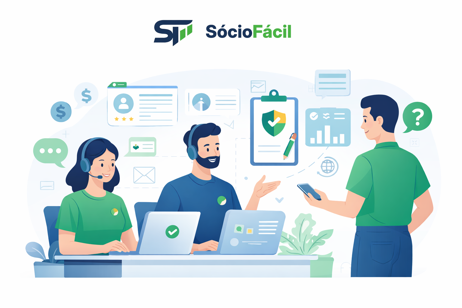 Ilustração do sistema SócioFácil organizando sócios e atividades